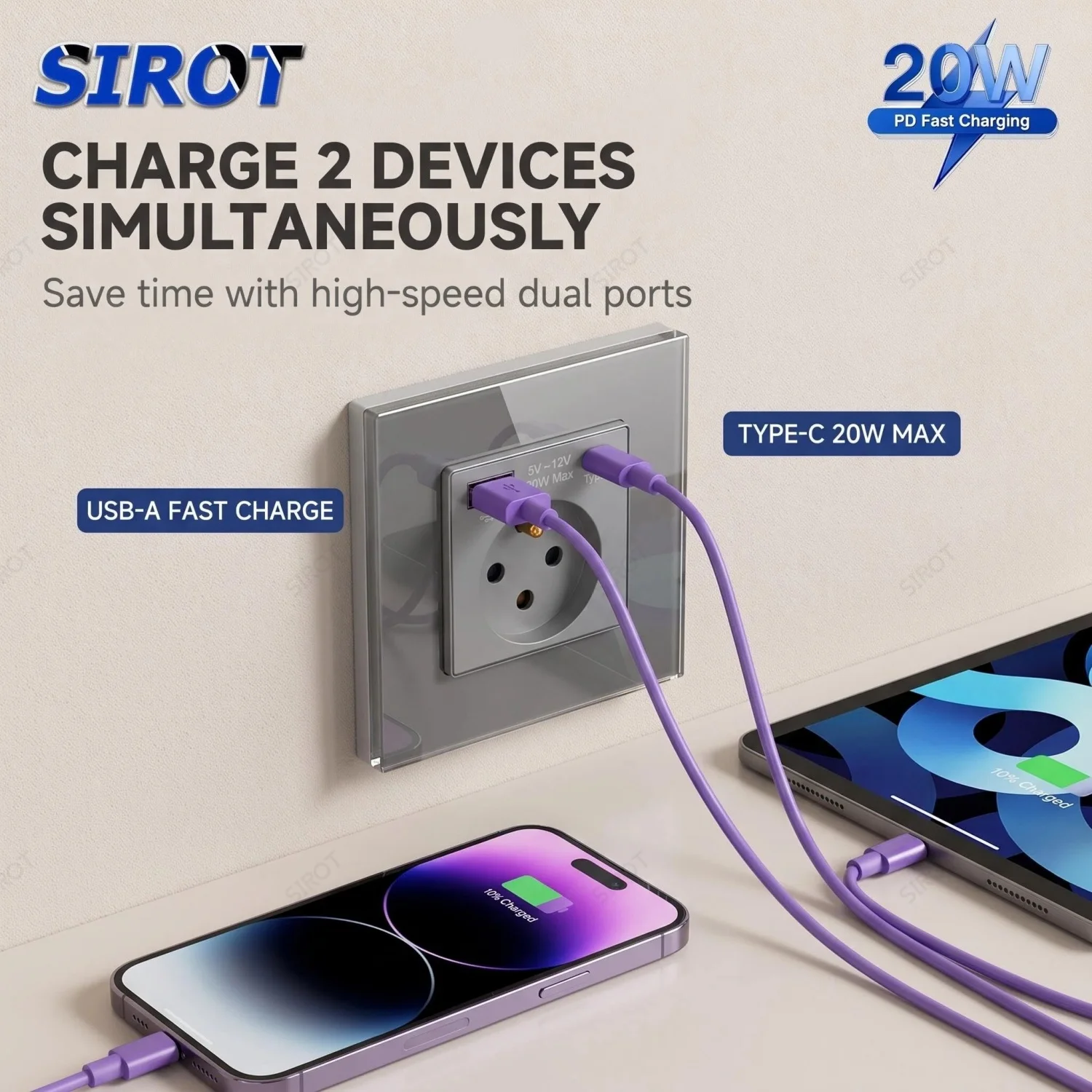 SIROT Israel Wall Socket with USB Type-C 20W PD Fast Charging, 86mm Tempered Glass Panel Power Outlet for Home, White Grey Black