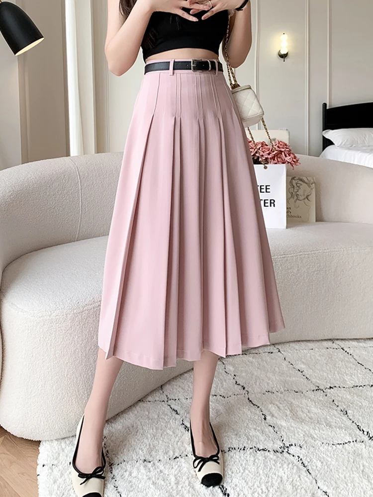 خمر عالية الخصر مطوي التنانير الطويلة للمرأة الربيع مكتب ارتداء ميدي ألف خط تنورة المرأة حزام رمادي وردي أسود Saia Plissada