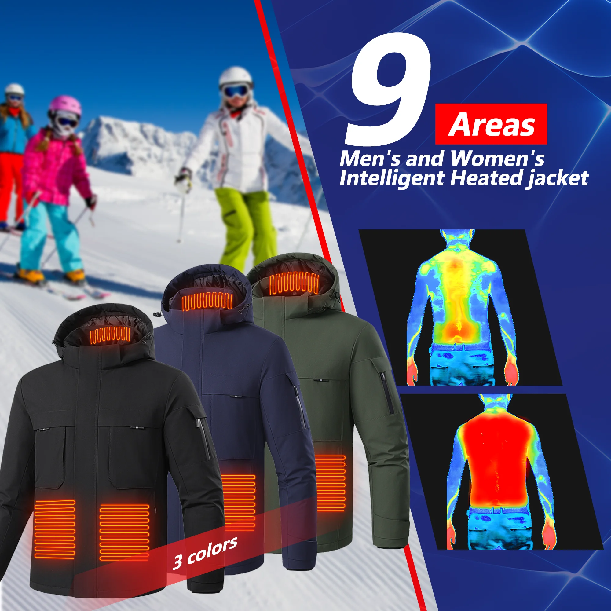 9 Areas Heated Jackets Outdoor Sportswear Windproof Washable Warm Sports Coats Washable Bodywarmer Heated Down Jacket Winter