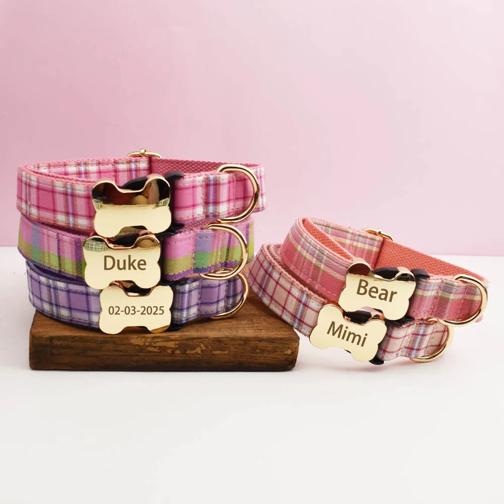 Individuelles Design-Logo, kariertes Hundehalsband, hochwertiges Baumwoll-Haustierzubehör, personalisierbar. Führen Sie Ihren Hund im Stil auf – Detail 1