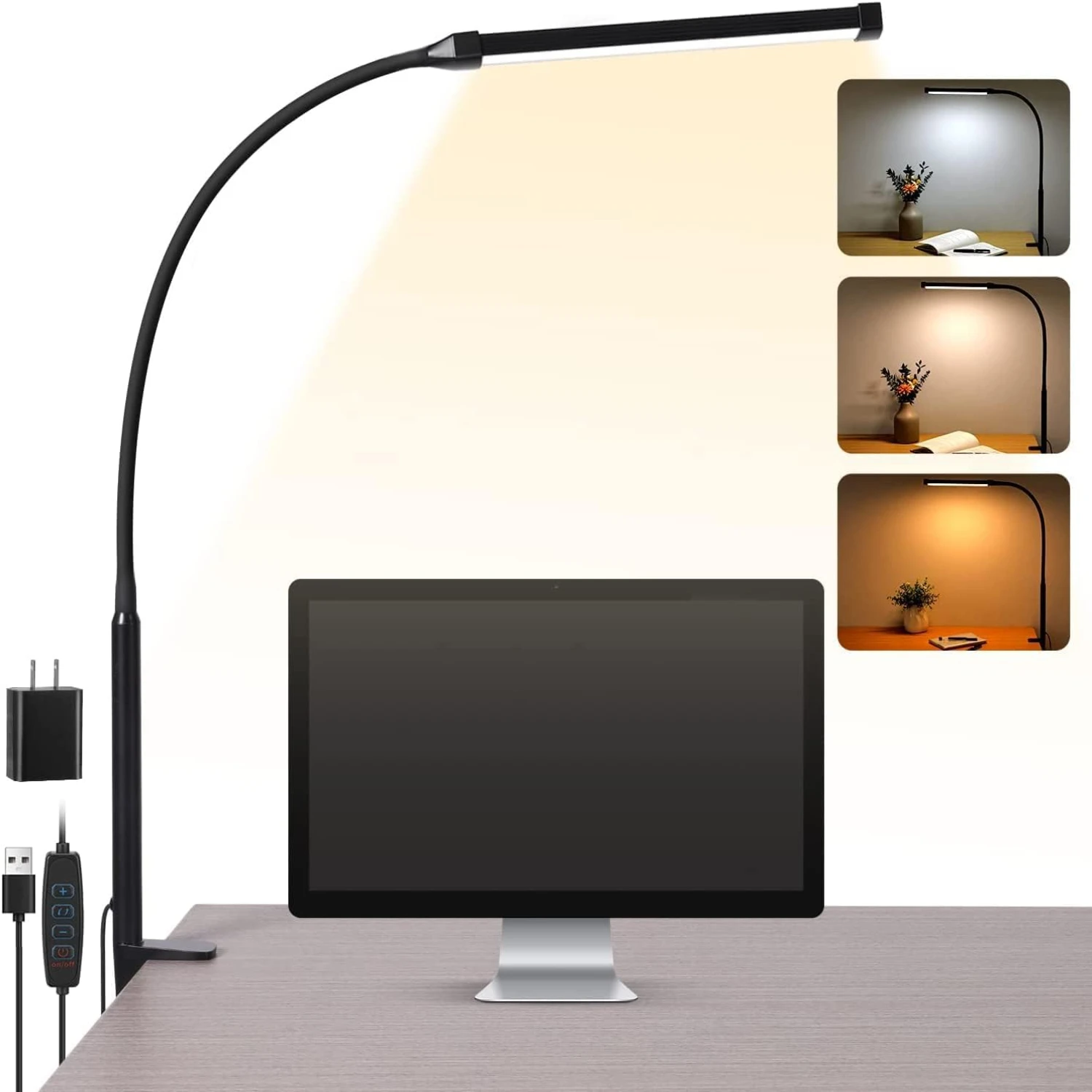 Black Metal Swing Arm Architect Task Table Lamp w/ USB Adapter, Flexible Gooseneck LED Desk Lamp w/ Clamp, Eye-Caring Clip on Li