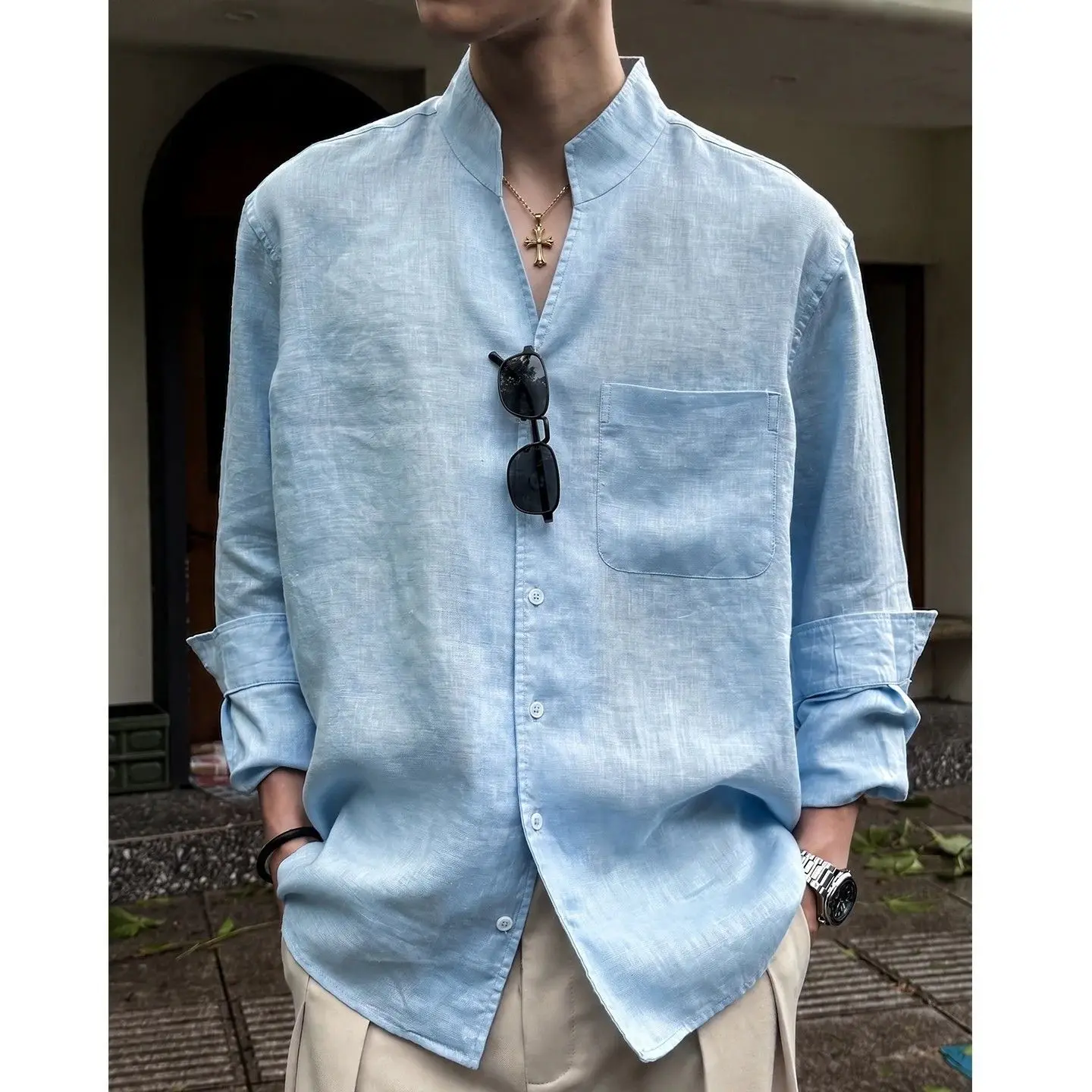 New  Loose Fit Long Sleeve Shirt Stand Collar Men's Commute Fashionable Polyester Spring Autumn Wear Breathable