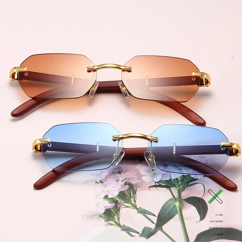 Hiking Camping Rimless Polygon Sunglasses for Men Women Rectangle Wood Frame Sun Glasses Retro Shades Traveling Eyewear UV400