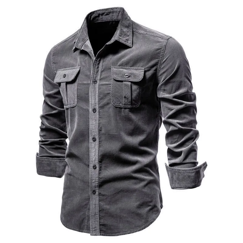 Blusa informal de algodón para hombre, camisa fina de pana, Tops ajustados de manga larga, camisa de alta calidad con solapa, primavera y otoño