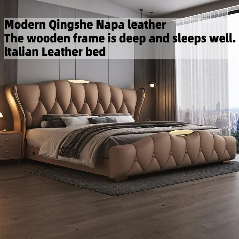 

Двуспальная кровать 180x200 см с мягким изголовьем из кожи наппа, для двоих, современная мебель для спальни, королевский размер