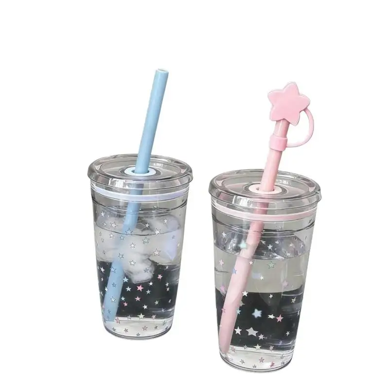 Plastic Straw Cup New 450ml Tea Coffee Milk Simple Straws Sweet Cute Star Friend Gifts