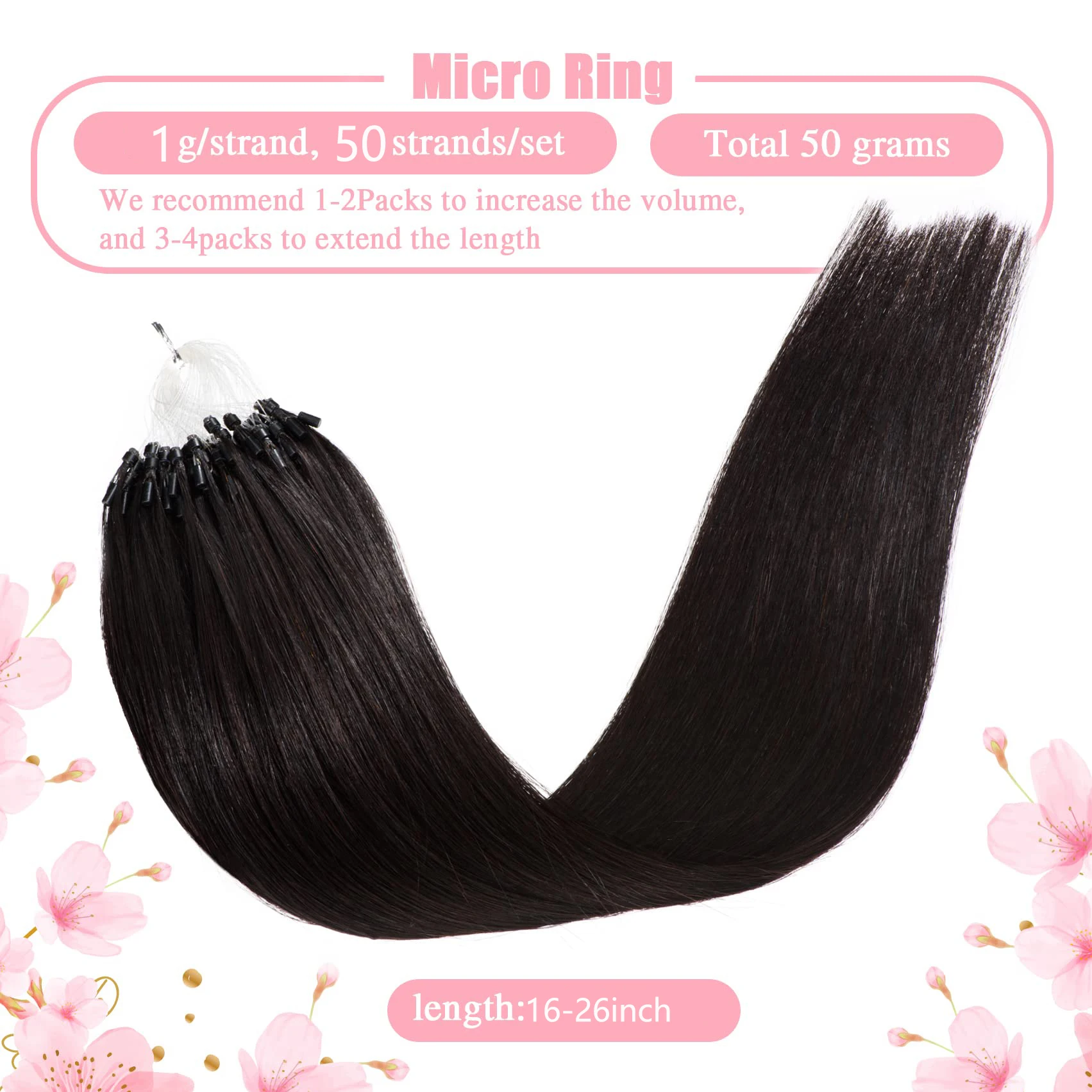 Microlink Hair Extensions Human Hair #1B Natural Black Micro Bead Hair Extensions 0.5g/strand 50g/pack Micro Ring Hair Extension