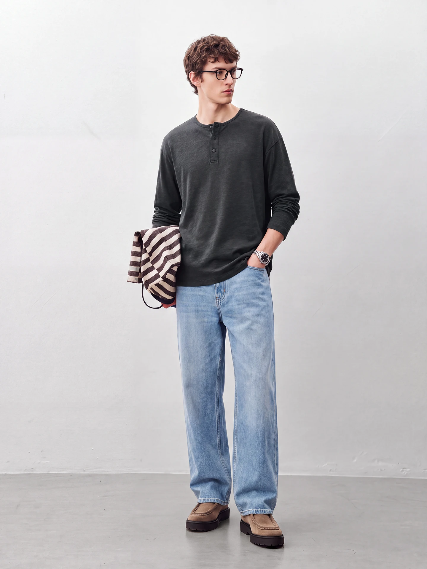 Cleanfit Long Sleeve T-Shirt Men's Autumn Winter New Style Casual Loose Basic Top Henry Collar Fashion Urban Cotton Tee