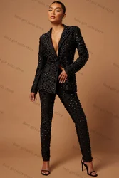 Crystal Black Women Suits Set 2 Piece Blazer+Pants One Button Formal Office Lady Cotton Prom Jacket Customized Wedding Coat