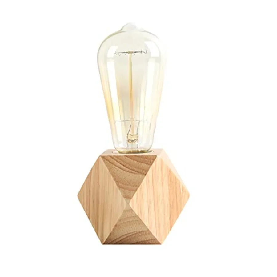Small Wood Table Lamp, Bedside Lamp with Diamond Wooden Base E26 60W Industrial Night Light Boho Deco for Bedroom, Living Room