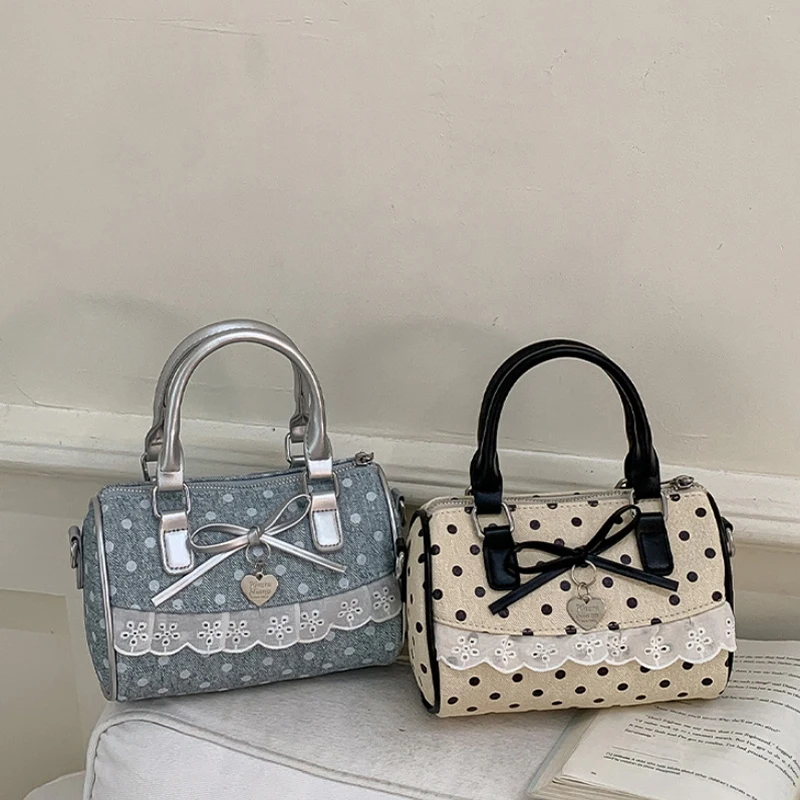 Korean Cute Bowknot Lace Polka Dot Crossbody Bag Exquisite Elegant Boston Bowling Bag Fashion Versatile Handbag With Pendant