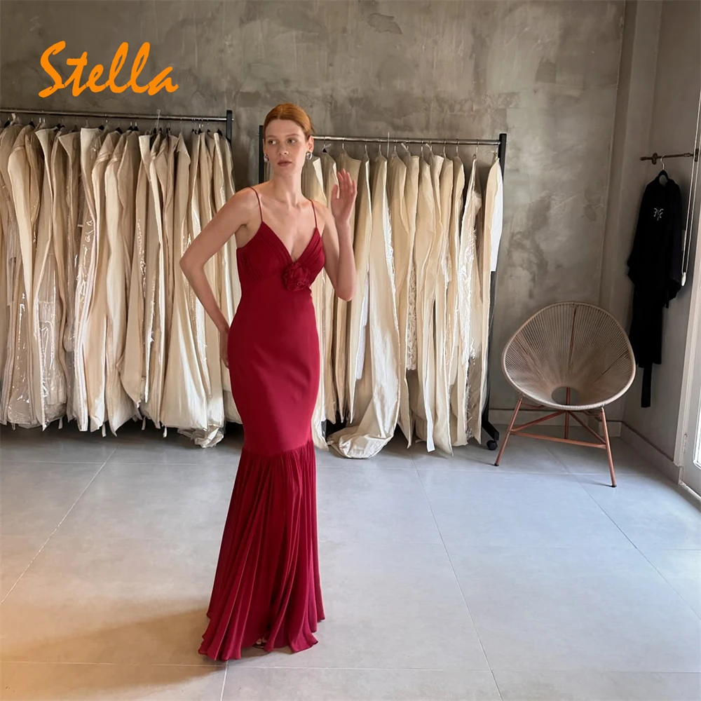 Robe De Noche sirène personnalisée en mousseline De soie bordeaux, moderne, col en v, bretelles Spaghetti, robes De soirée