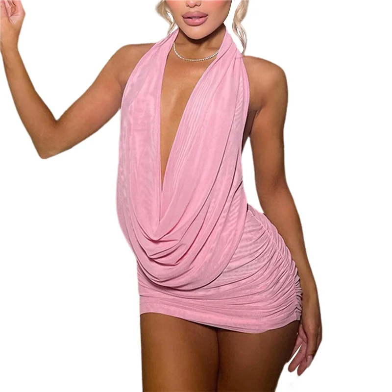 ABP-Mini robe moulante à col en V profond pour femme, sans manches, robes de soirée, de club, rose S