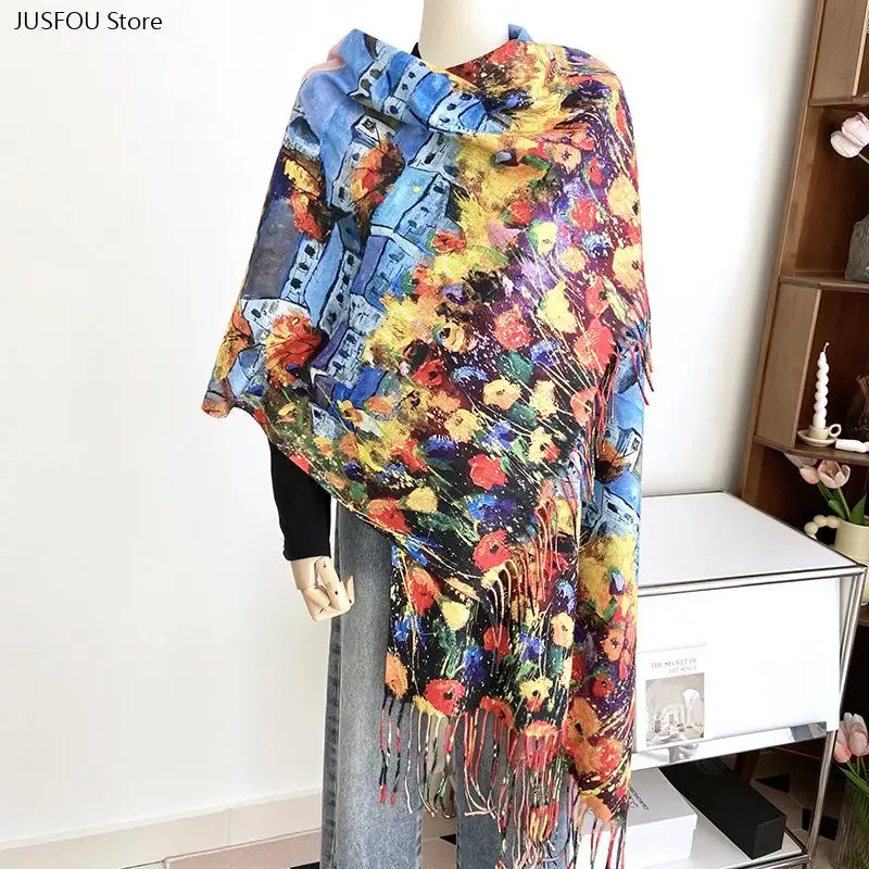 Vintage Winter Warm Neck Warmer Fashion Accessory Women Faux Cashmere Scarf Double Sided Digital Print Shawl Tassel Long Wrap