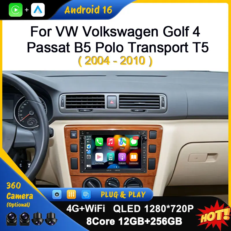 Android 16 (OS) DSP Stereo WiFi For VW Volkswagen Golf 4 Passat B5 Polo Transport T5 2004-2010 Car Radio Touch Screen Head Unit