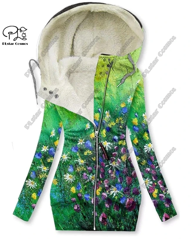 New 3D printing retro series floral and animal patterns plus velvet and warm women's long zipper sweatshirt casual winter L-1