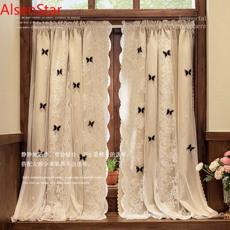 Double-layer Cloth Yarn Curtains French Princess Cream Style Lace Shading Butterfly Bedroom Bay Window Door Curtain Decoration