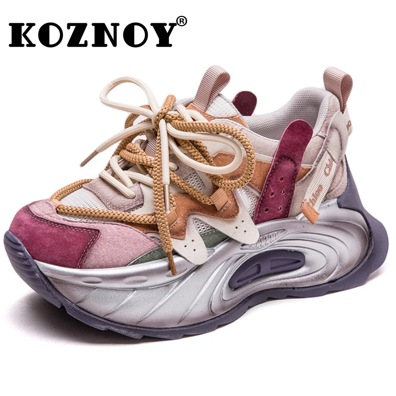 

Koznoy 6cm Air Mesh Leather Pigskin Women Ankle Boots Flats Booties Mixed Color Fashion Chunky Sneaker Comfy Spring Summer Shoes