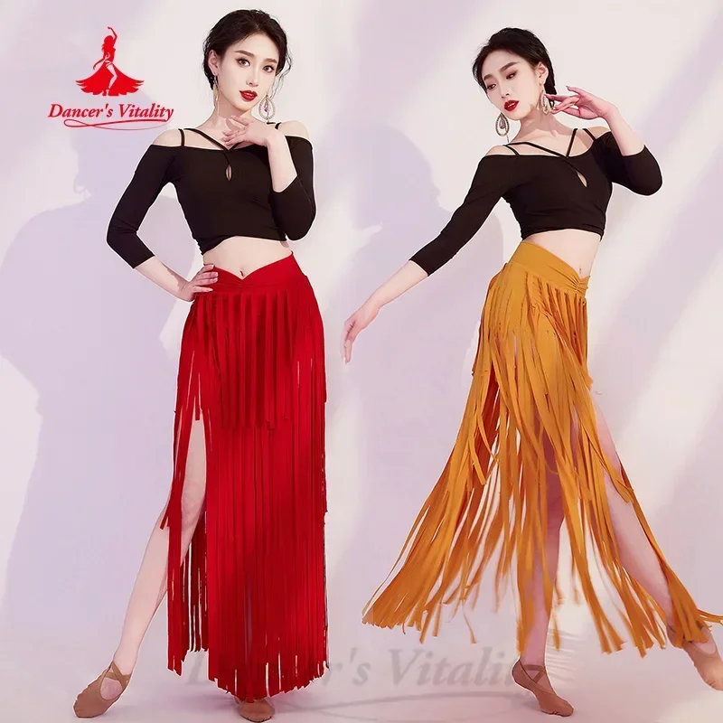 BellyDance Practice Set Long Sleeved Top+Tassel Long Skirt 2pcs Adult Female Oriental Belly Dance Professional Training Clothes