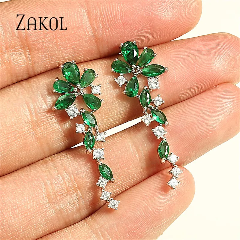 ZAKOL Shiny AAA Cubic Zirconia Flower Dangle Earrings for Women Fashion Green Crystal CZ Bridal Earring Dinner Wedding