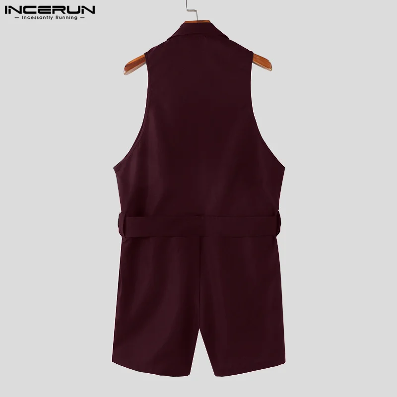 INCERUN Men Rompers Solid Color Lapel Sleeveless Male Casual Jumpsuits Lace Up Streetwear Summer 2024 Fashion Overalls S-5XL