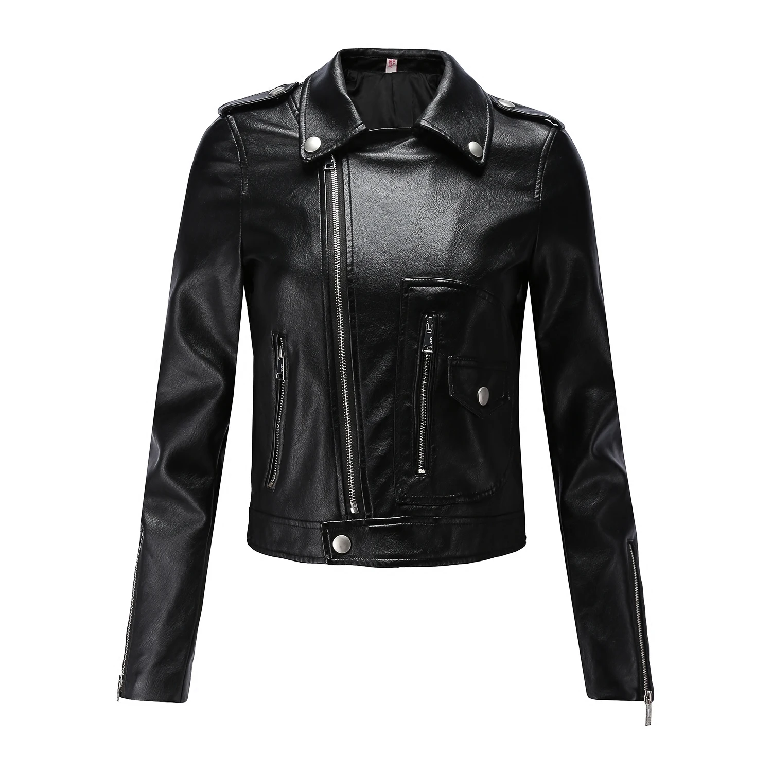 FTLZZ Women Motorcycle Pu Leather Jacket Winter And Spring Black Red Faux Leather Coat Turn Down Collor Lady Outerwear