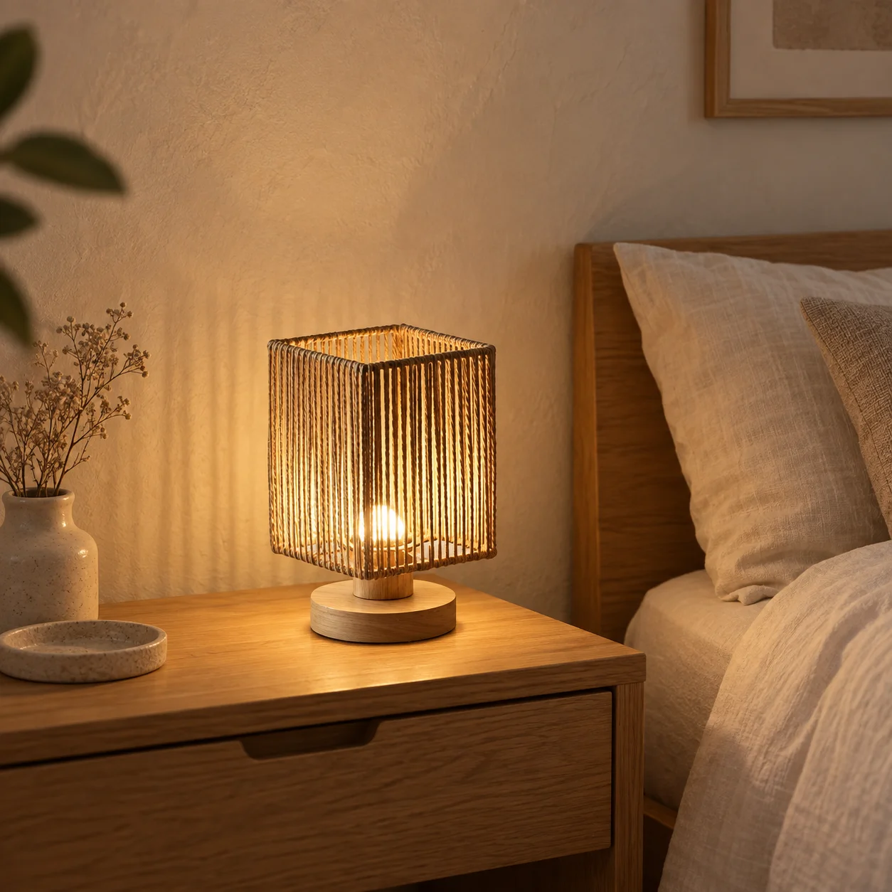 Nordic Hand Woven Rattan Simple USB Button Control Bedside Night Light Decorative Desk Light for Bedroom Study