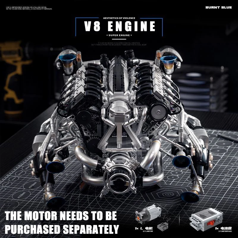 MOC Supercar V8 Engine Building Blocks Kit-2773Pcs Batmobile Engine Technology Model Twin-Turbo 8-Cyl Mechanical Engineering Set