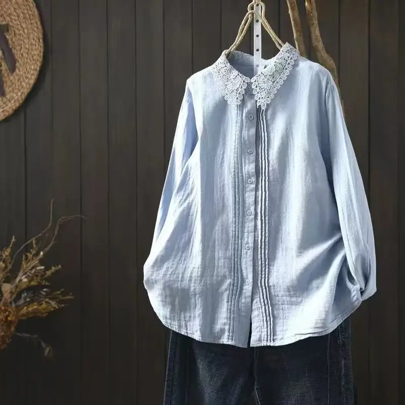

2026 Women elegant 100% cotton lace collar white blue shirts long sleeve blouses ladies tops boho luxury designer clothing