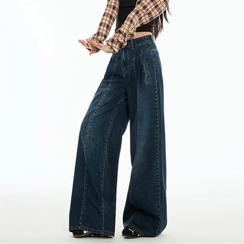 FINEWORDS กางเกงยีนส์สีน้ำเงินเข้มสไตล์เกาหลีลำลองสไตล์วินเทจผู้หญิงหลวมกางเกงยีนส์ขากว้างยาวเต็มตัว Easymatch กางเกงยีนส์ทรงหลวม