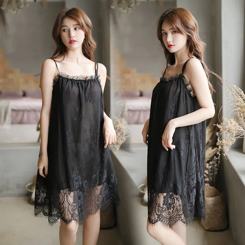 Top Fashion Sexy Hollowed Out Nightdress Spaghetti Strap Sleep Dress Lace Camisole Dress Home Wear Women Nightgown Fun Lingerie