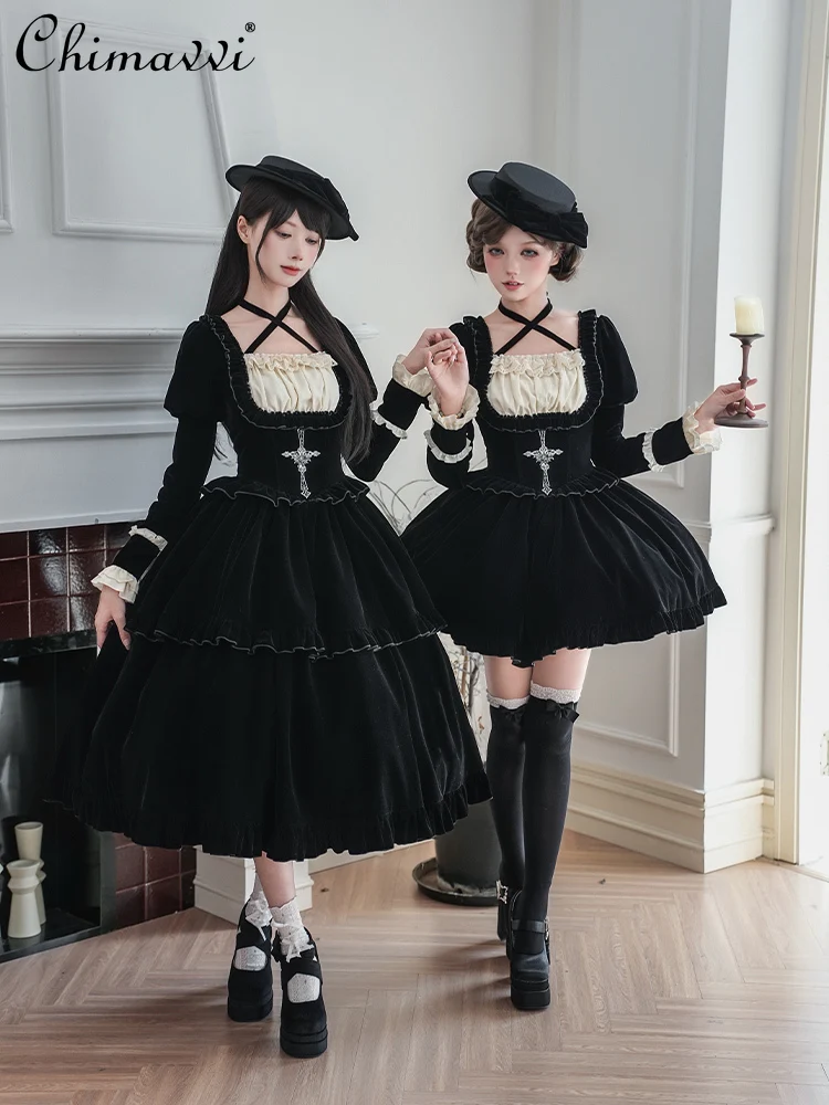 

Original Design Square Neck Waist Fishbone Velvet OP Dress Autumn Winter New Gothic Dark Girl Long Sleeve Elegant Lolita Dress