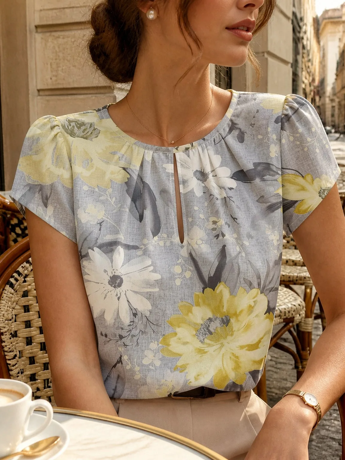 Daily Puff Sleeve Ladies T Shirt, Ruched Round Neck Front Keyhole Soft Breathable Basic Tee