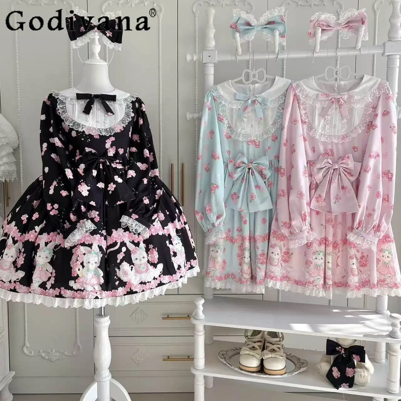 

Original Japanese Cute Girls Lolita Dress Op Spring and Summer New Clothes Sweet Bow Print Dress Y2k Long Sleeve Dress for Women