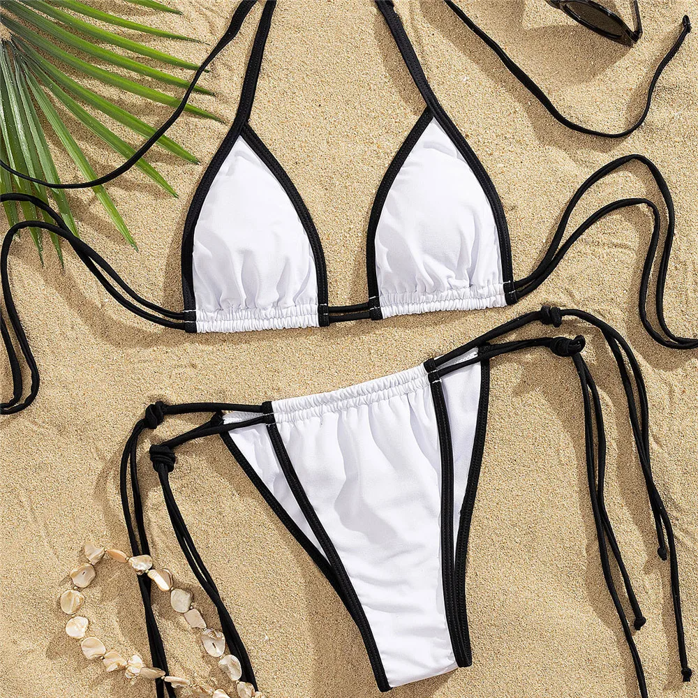 

String Halter Triangle Thong Micro Bikini Sexy Swimsuit Women Contrast Color Swimwear 2025 Bathing Suit Biquinis Bikinis Sets