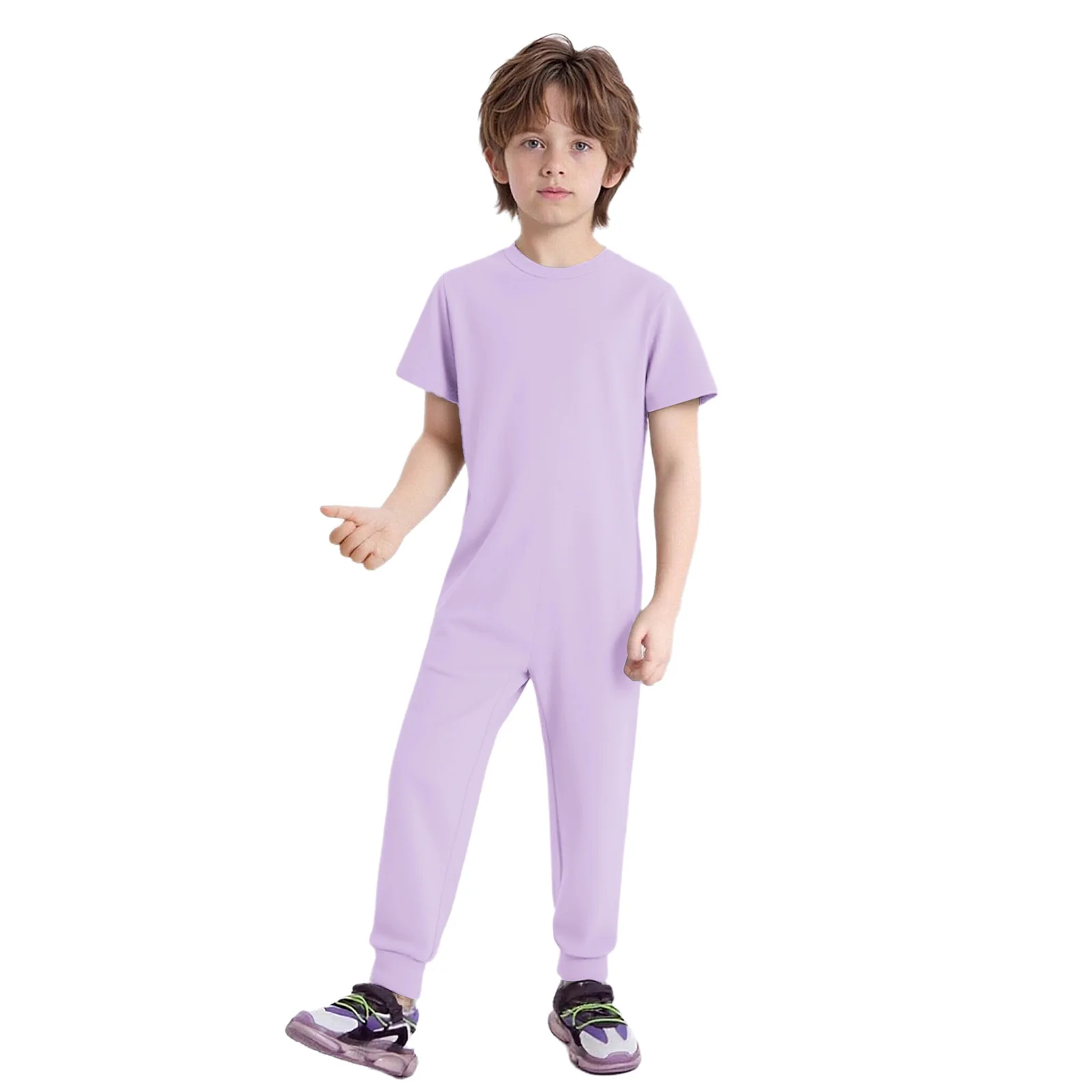 

Kids Boys Girls Special Needs Adaptive Clothing Round Neck Short Sleeve Back Invisible Zipper Solid Color Full Body Jumpsuit
