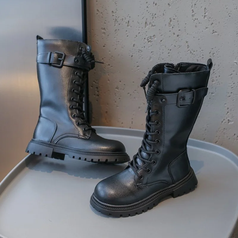 الفتيات أحذية طويلة أسود الركبة عالية 2025 الخريف الشتاء الأطفال أحذية عالية المد سستة موضة العلامة التجارية الجديدة دراجة نارية للأطفال الأحذية #5