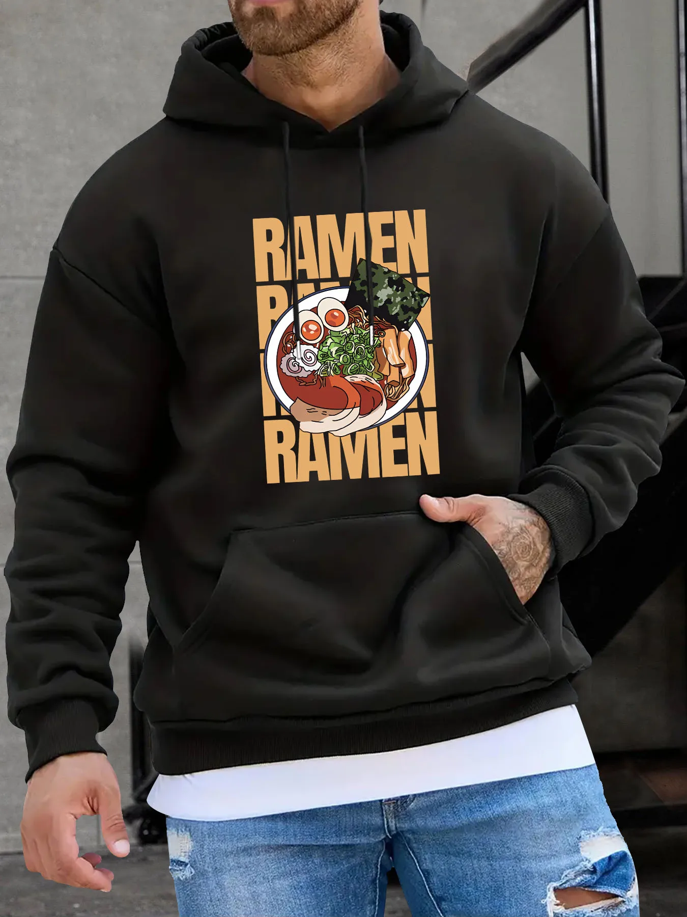 

Men's Ramen Pattern Hoodie - Black casual pullover with pockets and geometric prints
