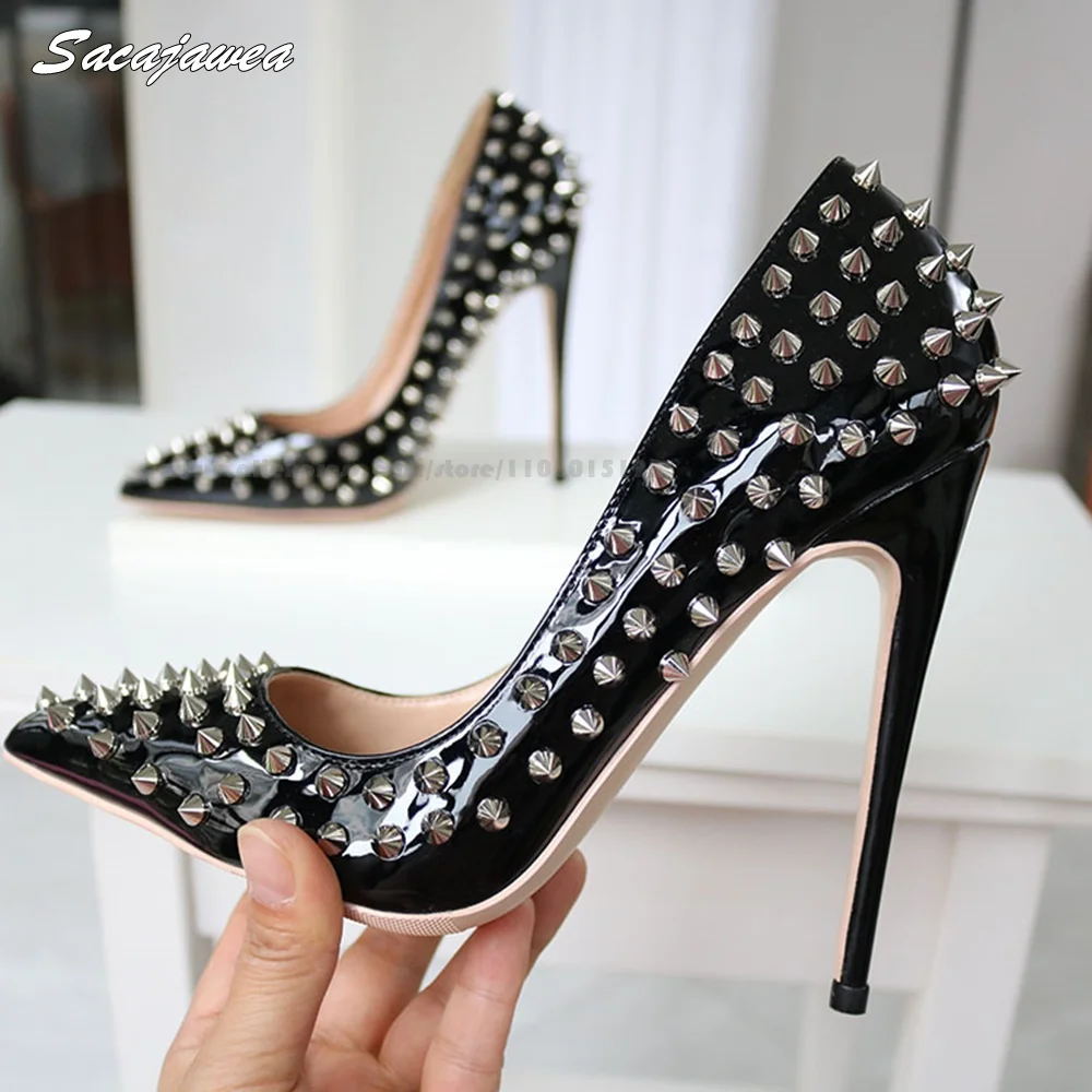 

Patent Leather Metal Rivet Sexy Shallow High Heels Size 33-46 Pig Split Leather Sole Party Pumps Pointed Toe 12CM Heel Lady Shoe