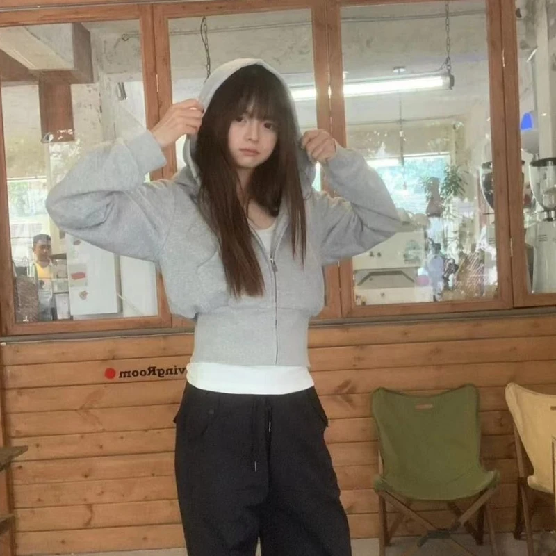 Deeptown Vintage Grey Zipper Hoodies Women Korean Style Casual Short Hooded Sweatshirts Harajuku Retro Classic Hoodies Street