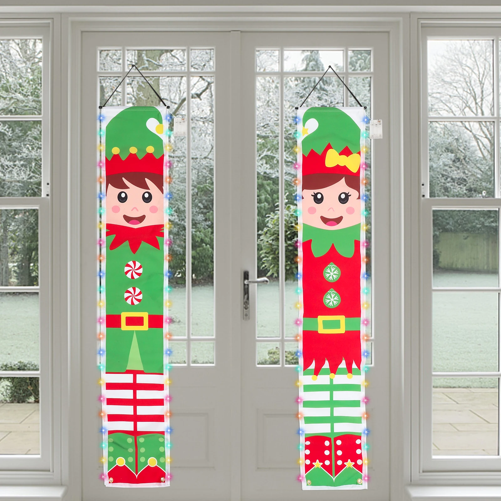 

Christmas Door Banner Holiday Decor Polyester Elves Couplets Wreaths Cartoon Porch Sign Xmas Decoration Yard Garden Home