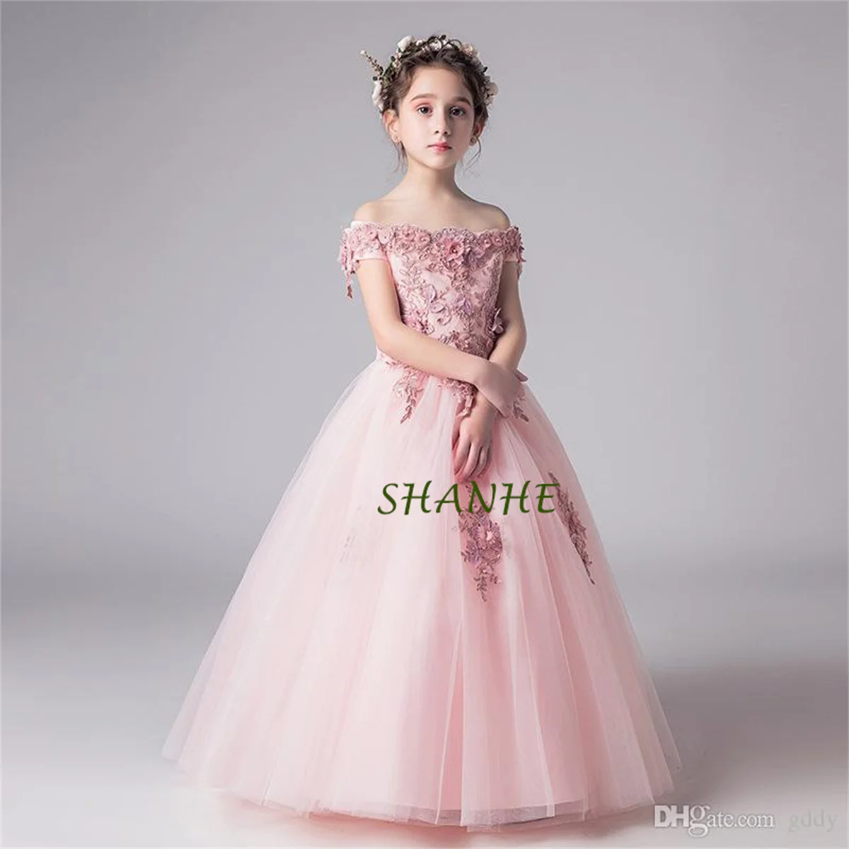 

Pink Arabic Flower Girl Dresses Floral Appliques Pearls Child Wedding Dresses Vintage Little Girl Pageant Dresses