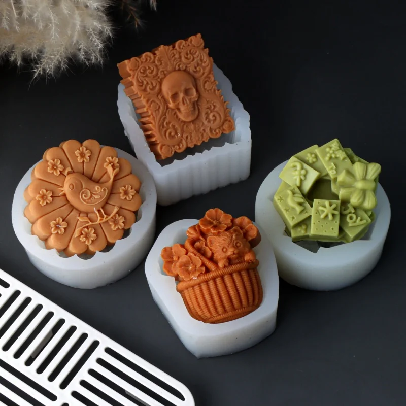 Molde de silicona 3D con diseños de flor, pájaro, flor con lazo, caja de regalo, gato, cesta de bambú, calavera irregular y forma plana, para jabón, yeso y velas, DIY creativo