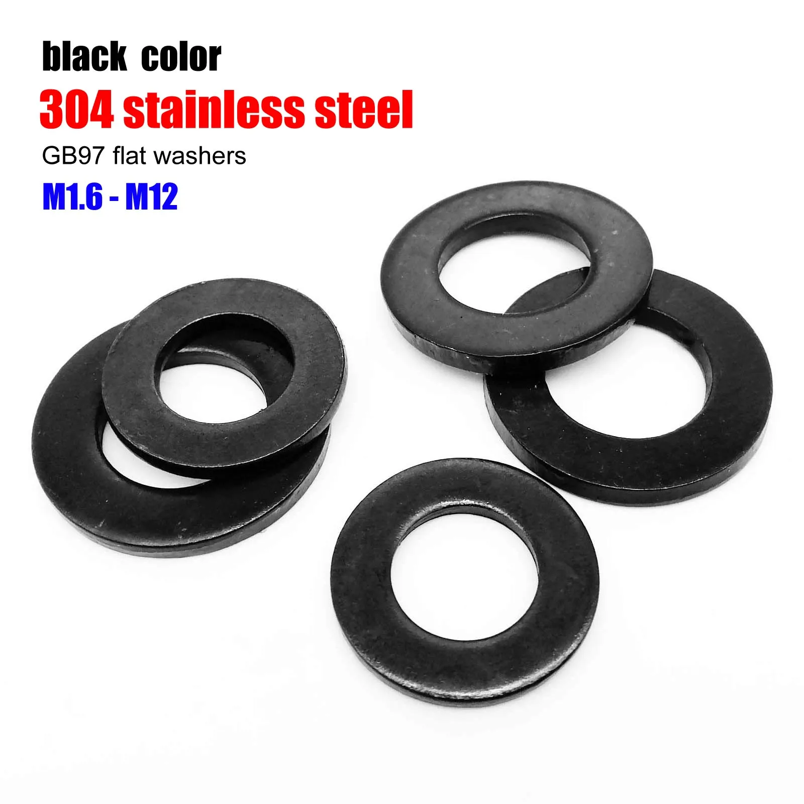 Arandela plana de acero inoxidable, anillo de almohadilla de junta lisa, Color negro, M1.6, M2, M2.5, M3, M3.5, M4, M5, M6, M8, M10, M12, GB97, DIN125, 304 A2-70