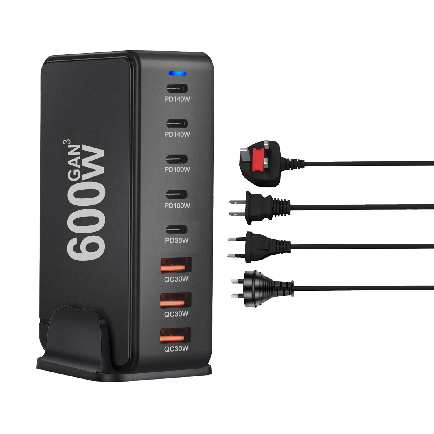 600W New GaN Fast Charge 3.0 USB-C Charger with 8 Ports 5C3A PD, Portable and Suitable for Tablets