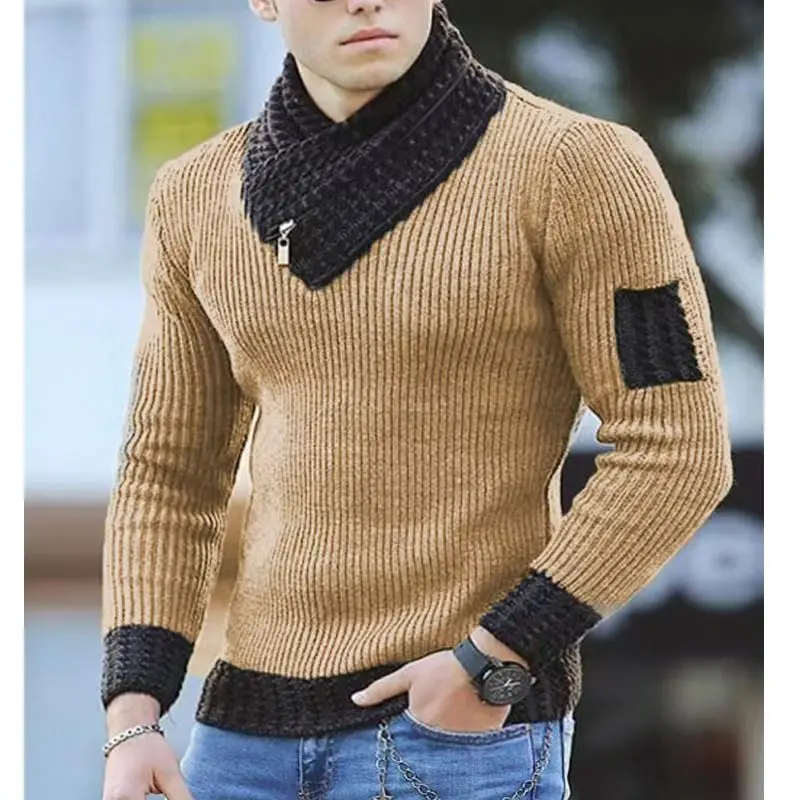 2025 Men's Slim-Fit Pullover Sweater With Long Sleeves Scarf Collar For Warmth And Comfort In Autumn And Winter