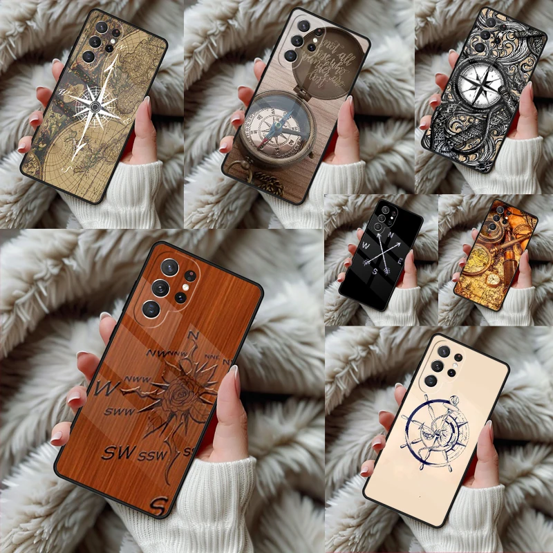 Compass Wanderlust Vintage Map Phone Case For Samsung Galaxy S24 S25 S26 Ultra S22 S23 Plus S21 S20 FE Note10 TPU Cover