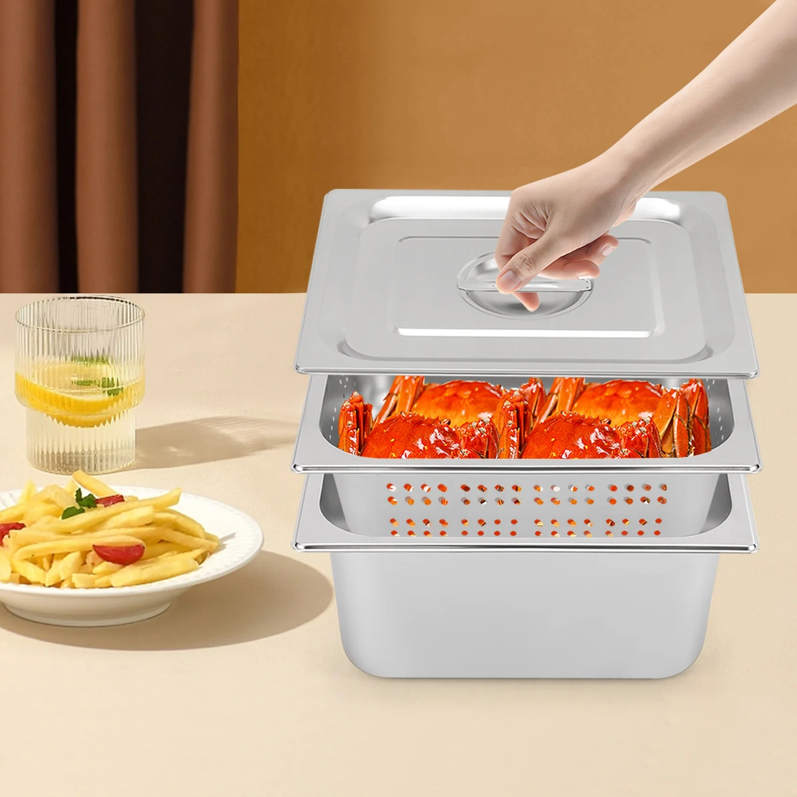 

3 шт. перфорированные гостиничные сковороды из нержавеющей стали с крышками - полноразмерные сковороды для парового стола, коммерческие подносы для подогрева еды для общественного питания