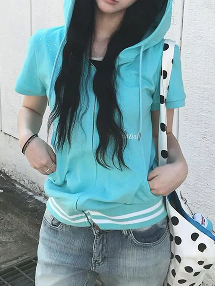Women's Y2K Hot Girl Zipper Hoodie with rhinestone letter print striped short jacket, suitable for daily casual wear in summer view 3