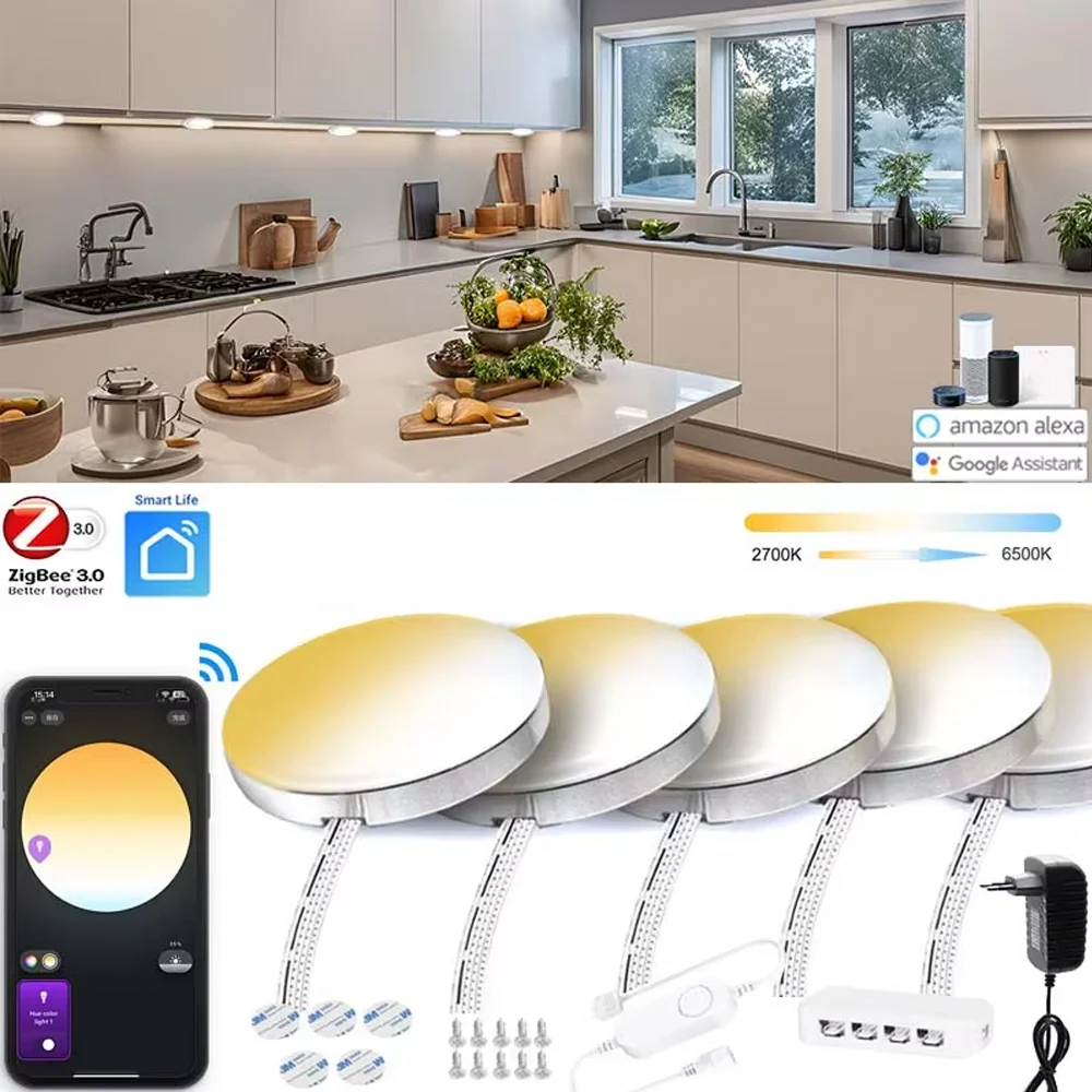 Zigbee 3.0 Round Dual White LED Under Cabinet Light Kit CCT Color Dimming Voice/App Control for Wardrobe Closet Bedroom Kitchen